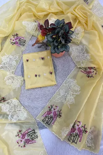 Light Yellow Color  thread Embroidery work with Cutwork patch and border Work Crystel Organza Saree