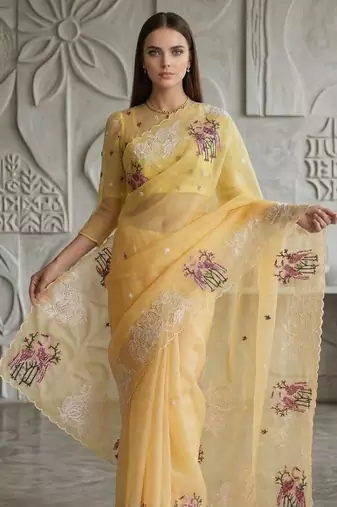 Light Yellow Color  thread Embroidery work with Cutwork patch and border Work Crystel Organza Saree