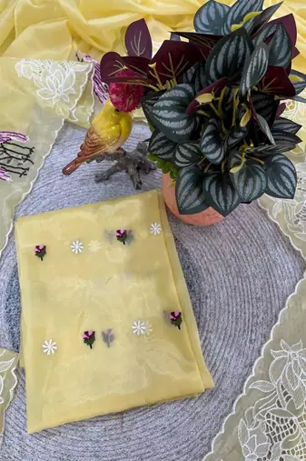 Light Yellow Color  thread Embroidery work with Cutwork patch and border Work Crystel Organza Saree