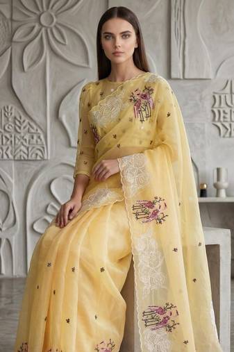 Light Yellow Color  thread Embroidery work with Cutwork patch and border Work Crystel Organza Saree