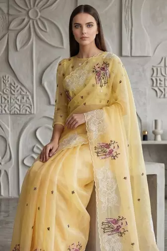 Light Yellow Color  thread Embroidery work with Cutwork patch and border Work Crystel Organza Saree