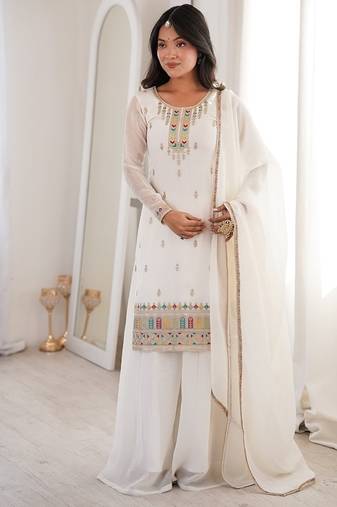 Elegant off-white embroidered ethnic suit set for women