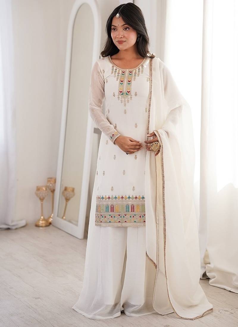 Elegant off-white embroidered ethnic suit set for women
