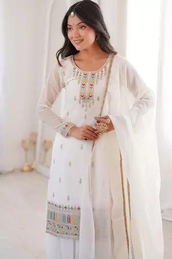 Elegant off-white embroidered ethnic suit set for women