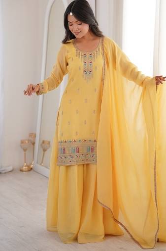 Elegant yellow embroidered ethnic suit set for women