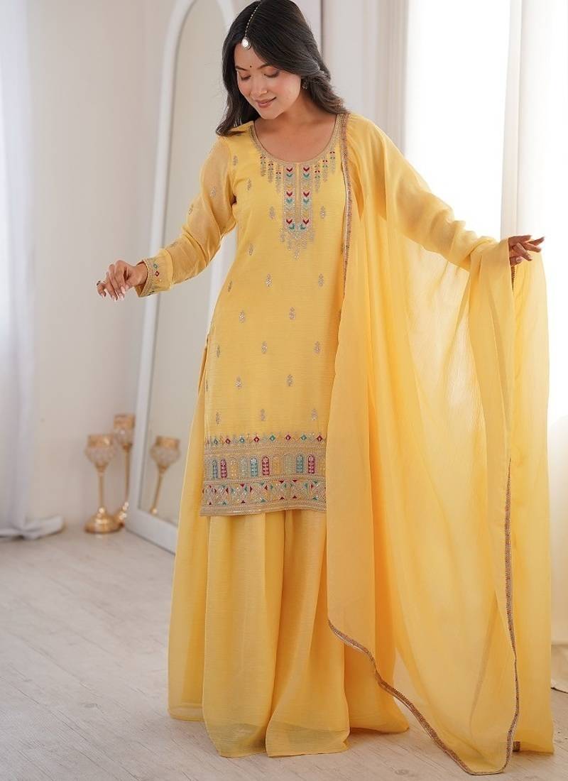 Elegant yellow embroidered ethnic suit set for women
