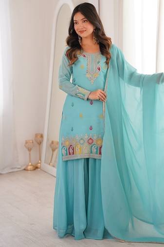 Elegant skyblue embroidered ethnic suit set for women