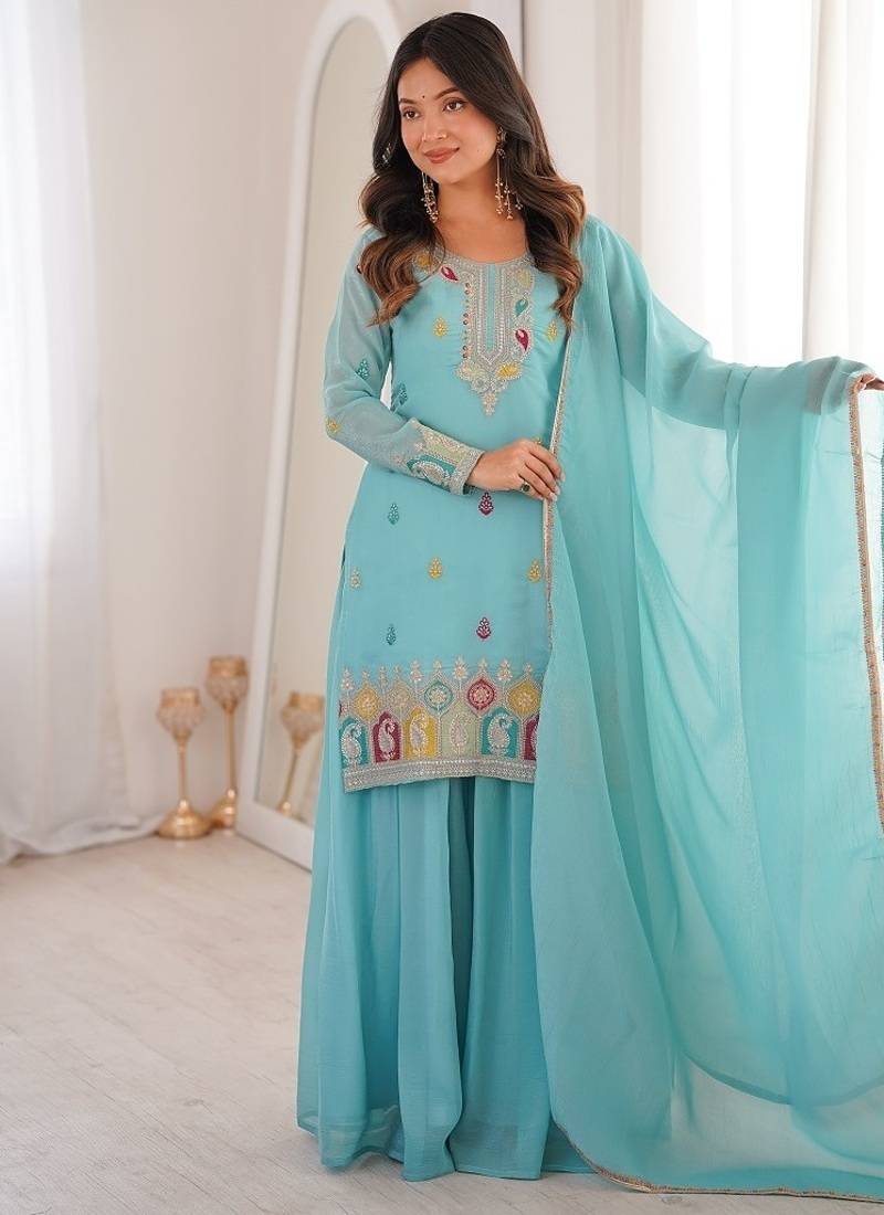 Elegant skyblue embroidered ethnic suit set for women