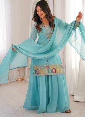 Elegant skyblue embroidered ethnic suit set for women 3
