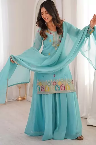 Elegant skyblue embroidered ethnic suit set for women