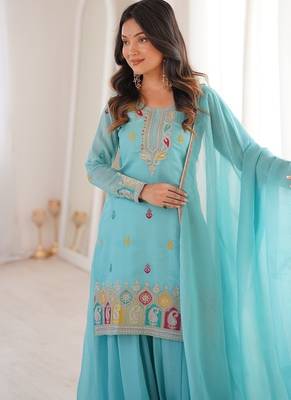 Elegant skyblue embroidered ethnic suit set for women 4