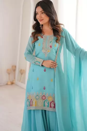 Elegant skyblue embroidered ethnic suit set for women