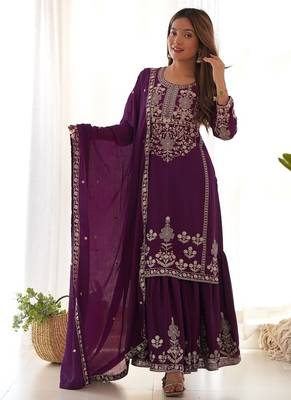 Wine chinon embroidered work kurti sharara set with dupatta 1