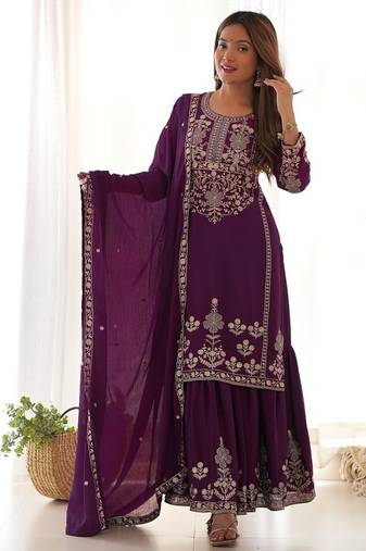 Wine chinon embroidered work kurti sharara set with dupatta