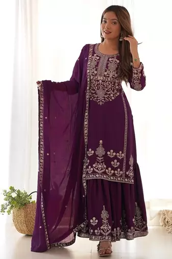Wine chinon embroidered work kurti sharara set with dupatta