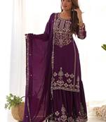 Wine chinon embroidered work kurti sharara set with dupatta