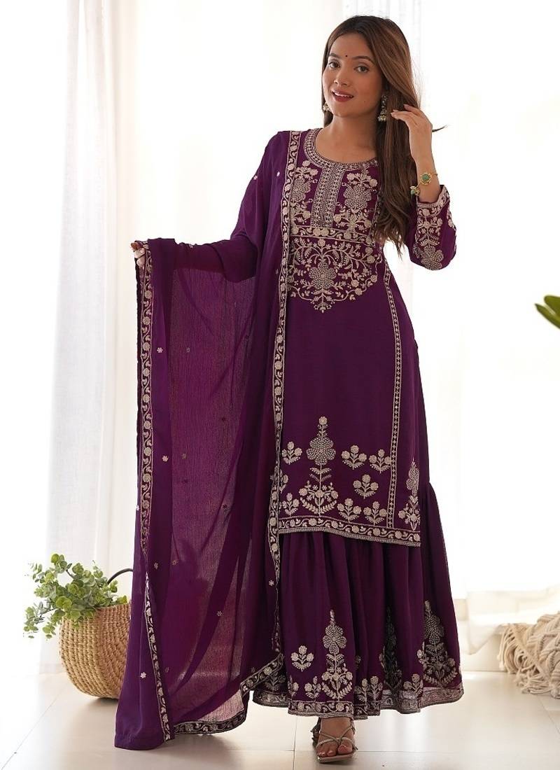 Wine chinon embroidered work kurti sharara set with dupatta