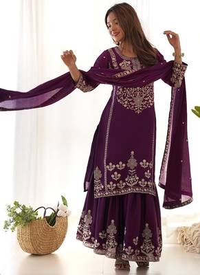 Wine chinon embroidered work kurti sharara set with dupatta 3