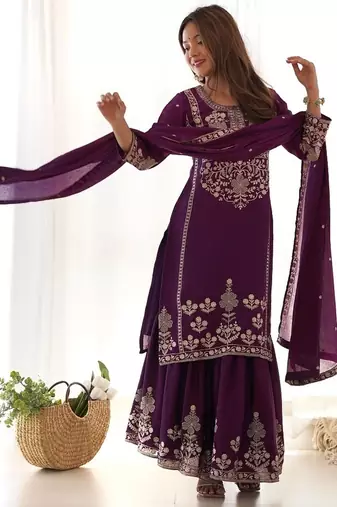 Wine chinon embroidered work kurti sharara set with dupatta
