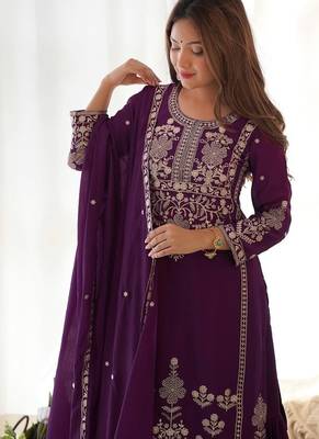 Wine chinon embroidered work kurti sharara set with dupatta 4