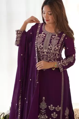 Wine chinon embroidered work kurti sharara set with dupatta