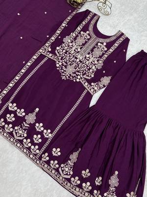 Wine chinon embroidered work kurti sharara set with dupatta 5