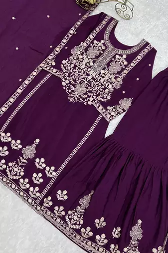 Wine chinon embroidered work kurti sharara set with dupatta