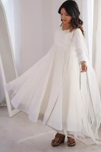 Women offwhite ethnic anarkali kurta set for festive & wedding wear