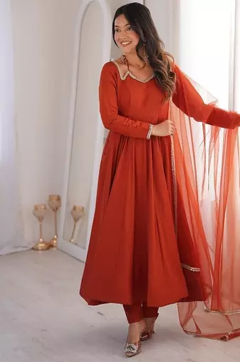 Women rust ethnic anarkali kurta set for festive & wedding wear