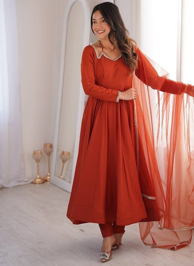 Women rust ethnic anarkali kurta set for festive & wedding wear