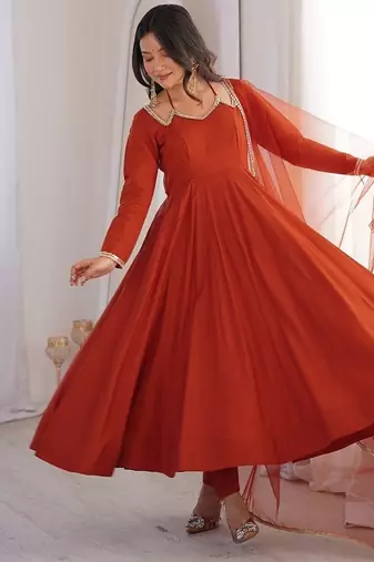 Women rust ethnic anarkali kurta set for festive & wedding wear