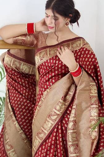 Maroon soft silk blend banarasi jacuard work designer party wear saree with unstitched blouse piece