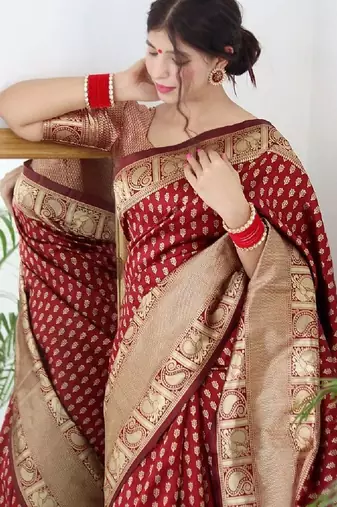 Maroon soft silk blend banarasi jacuard work designer party wear saree with unstitched blouse piece