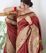 Maroon soft silk blend banarasi jacuard work designer party wear saree with unstitched blouse piece