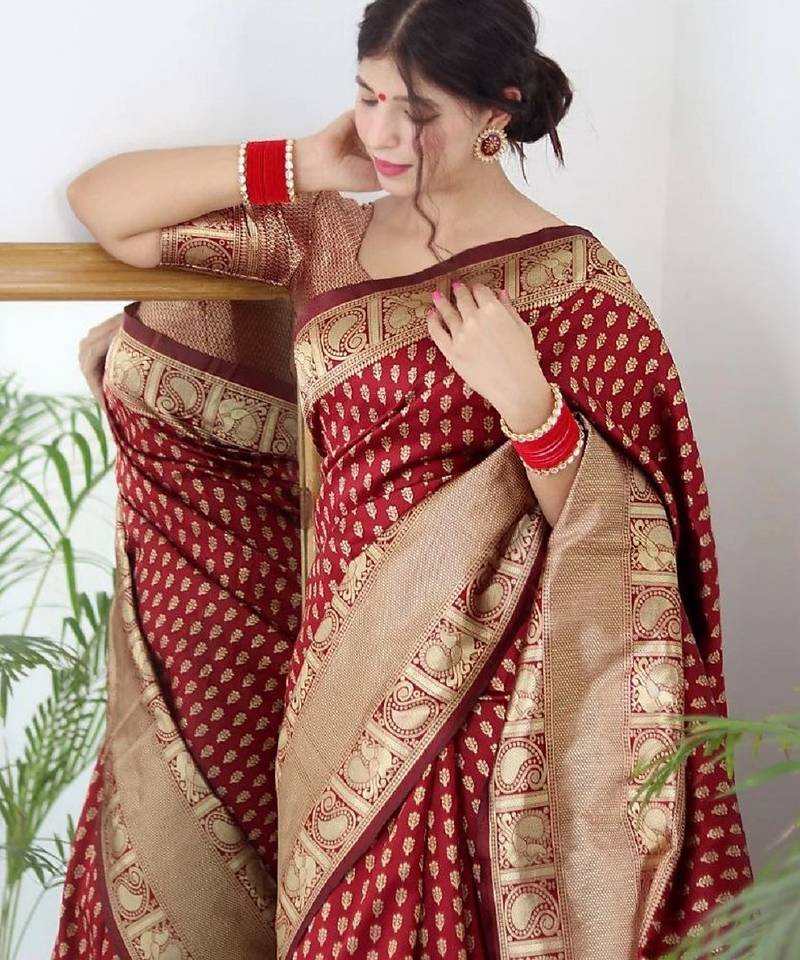 Maroon soft silk blend banarasi jacuard work designer party wear saree with unstitched blouse piece