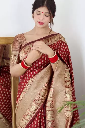 Maroon silk blend banarasi saree with unstitched blouse piece