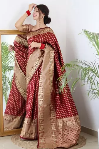 Maroon silk blend banarasi saree with unstitched blouse piece