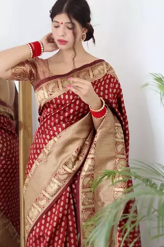 Maroon silk blend banarasi saree with unstitched blouse piece