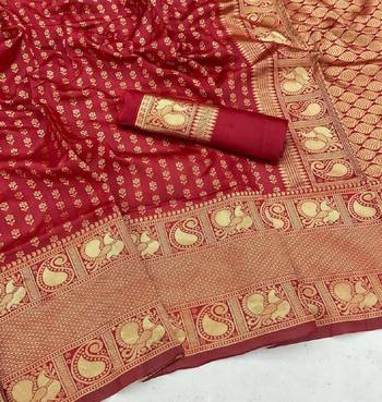 Maroon silk blend banarasi saree with unstitched blouse piece 5