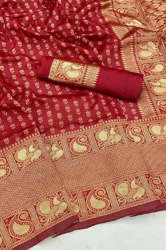 Maroon silk blend banarasi saree with unstitched blouse piece