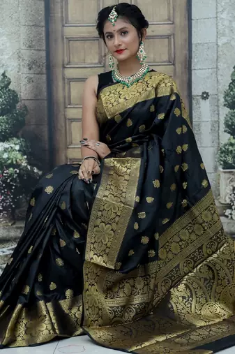 Black soft silk blend banarasi jacuard work designer party wear saree with unstitched blouse piece