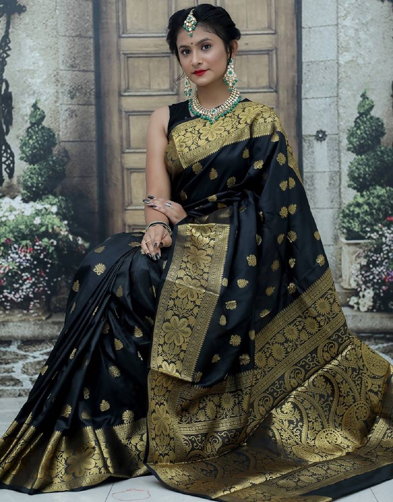 Black soft silk blend banarasi jacuard work designer party wear saree with unstitched blouse piece