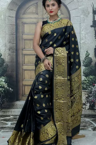 Black silk blend banarasi saree with unstitched blouse piece