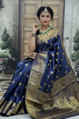 Blue soft silk blend banarasi jacuard work designer party wear saree with unstitched blouse piece