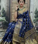 Blue silk blend banarasi saree with unstitched blouse piece