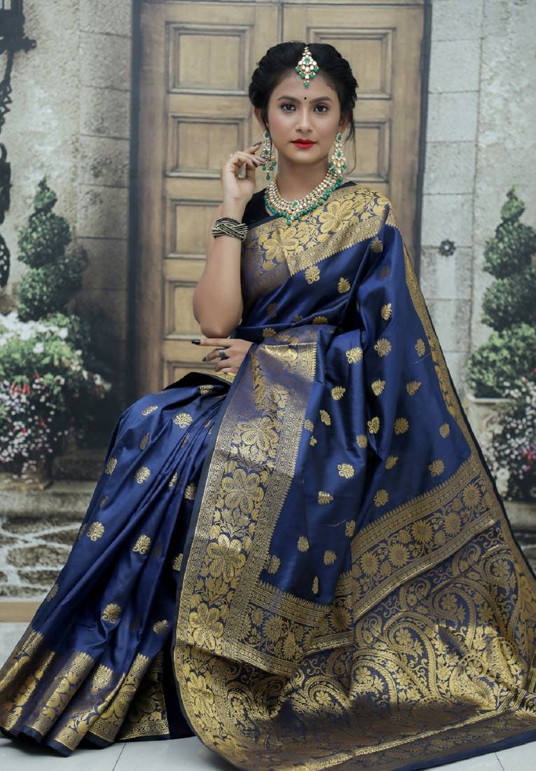 Blue soft silk blend banarasi jacuard work designer party wear saree with unstitched blouse piece