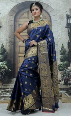 Blue silk blend banarasi saree with unstitched blouse piece 2