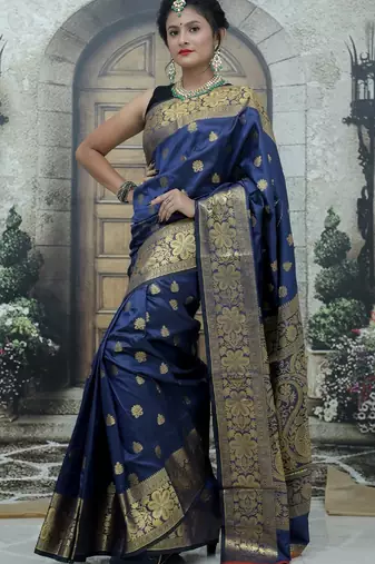 Blue silk blend banarasi saree with unstitched blouse piece