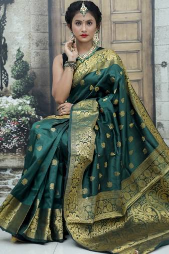 Green soft silk blend banarasi jacuard work designer party wear saree with unstitched blouse piece