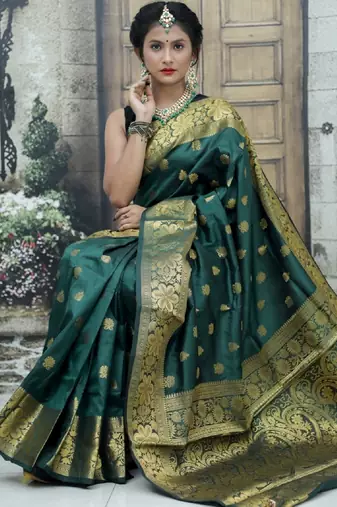 Green soft silk blend banarasi jacuard work designer party wear saree with unstitched blouse piece